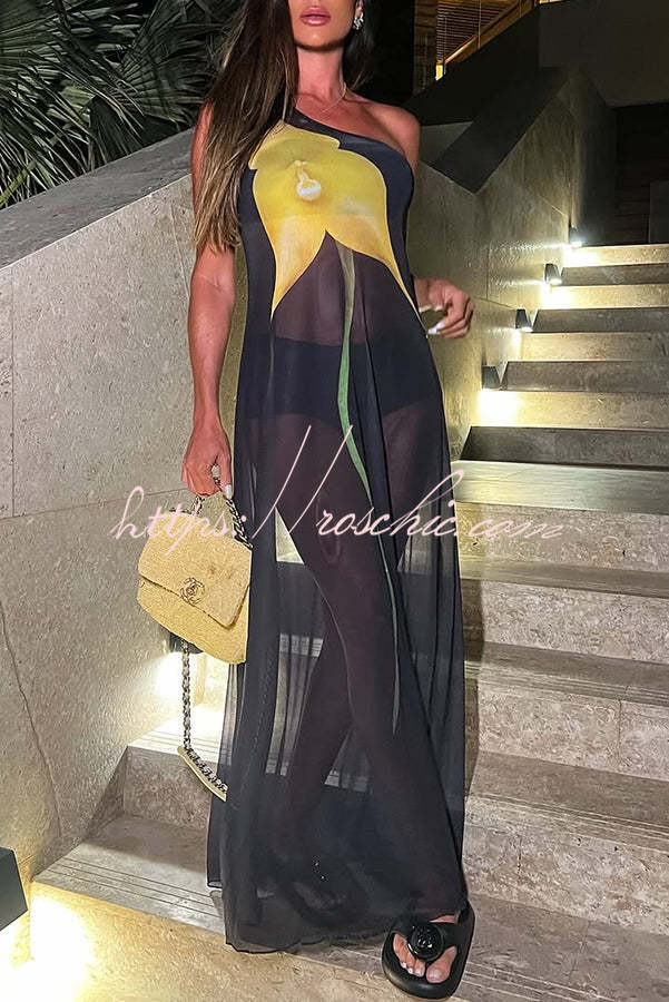 Dalia Tulle See Through Print One Shoulder Vacation Maxi Dress