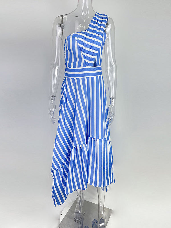 High Waisted Loose Asymmetric Hollow Pleated Pockets Split-joint Striped Zipper One-shoulder Midi Dresses