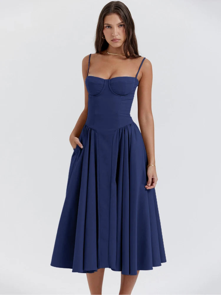 Dress Spaghetti Strap A-line Loose Midi Dresses Female Sleeveless Backless French Retro Long Dress