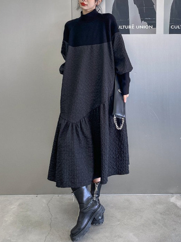 A-line Long Sleeves Asymmetric Color Split-joint High-neck Midi Dresses Sweater Dresses