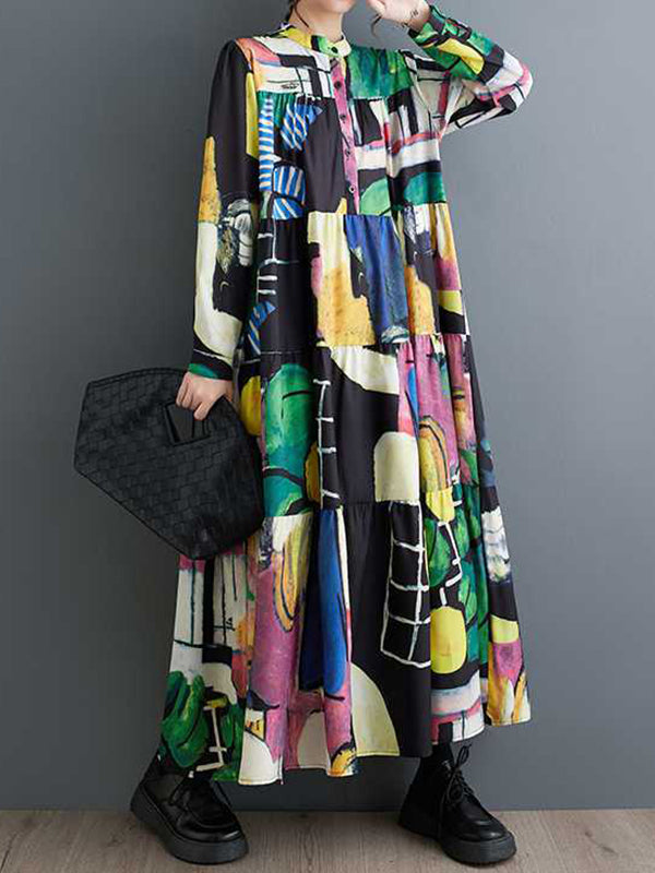 Long Sleeves Loose Buttoned Printed Split-joint Round-neck Midi Dresses
