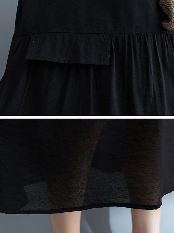 Loose Short Sleeves Gauze Color Split-joint Round-neck Midi Dresses