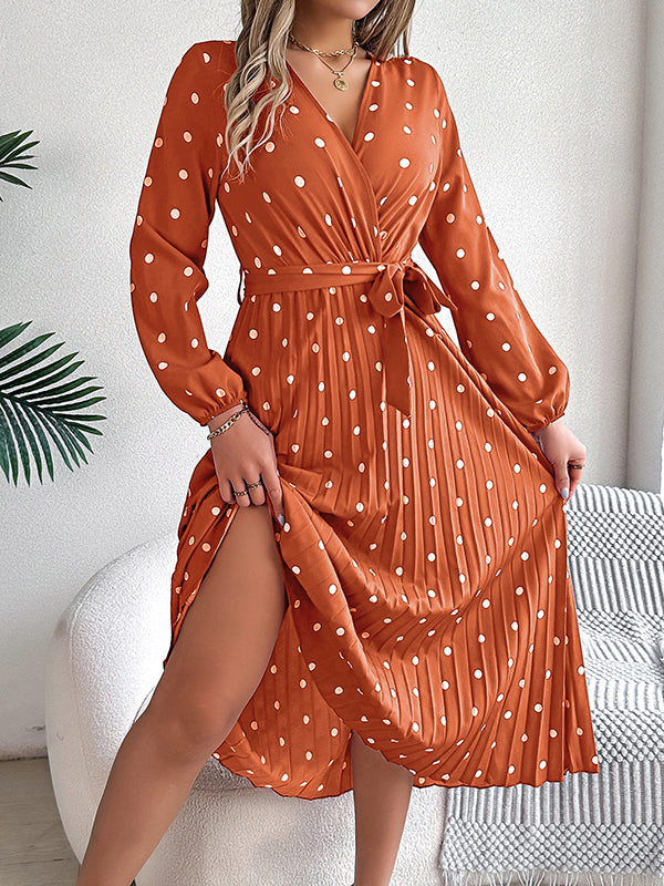 A-line High Waisted Elasticity Pleated Polka-dot Split-joint Tied Waist V-neck Midi Dresses Shirt Dress