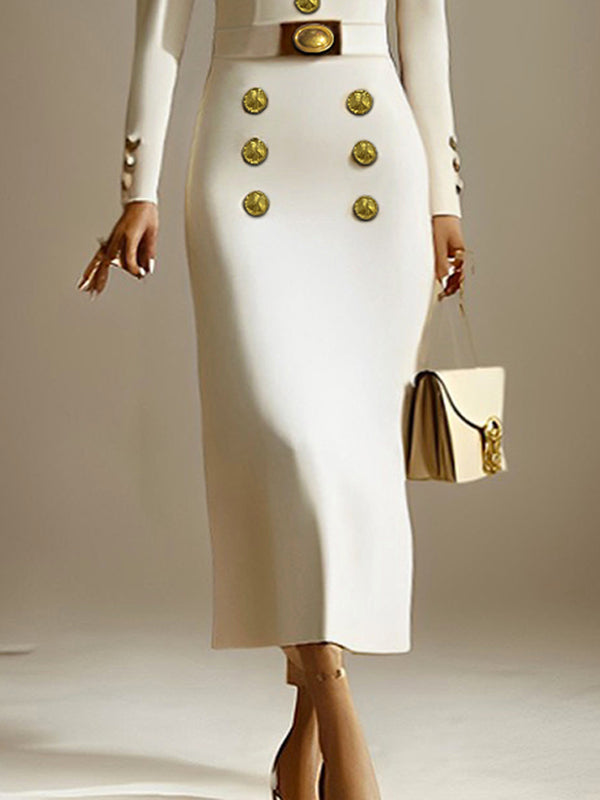Long Sleeves Puff Sleeves Buttoned Color Deep V-neck Midi Dresses