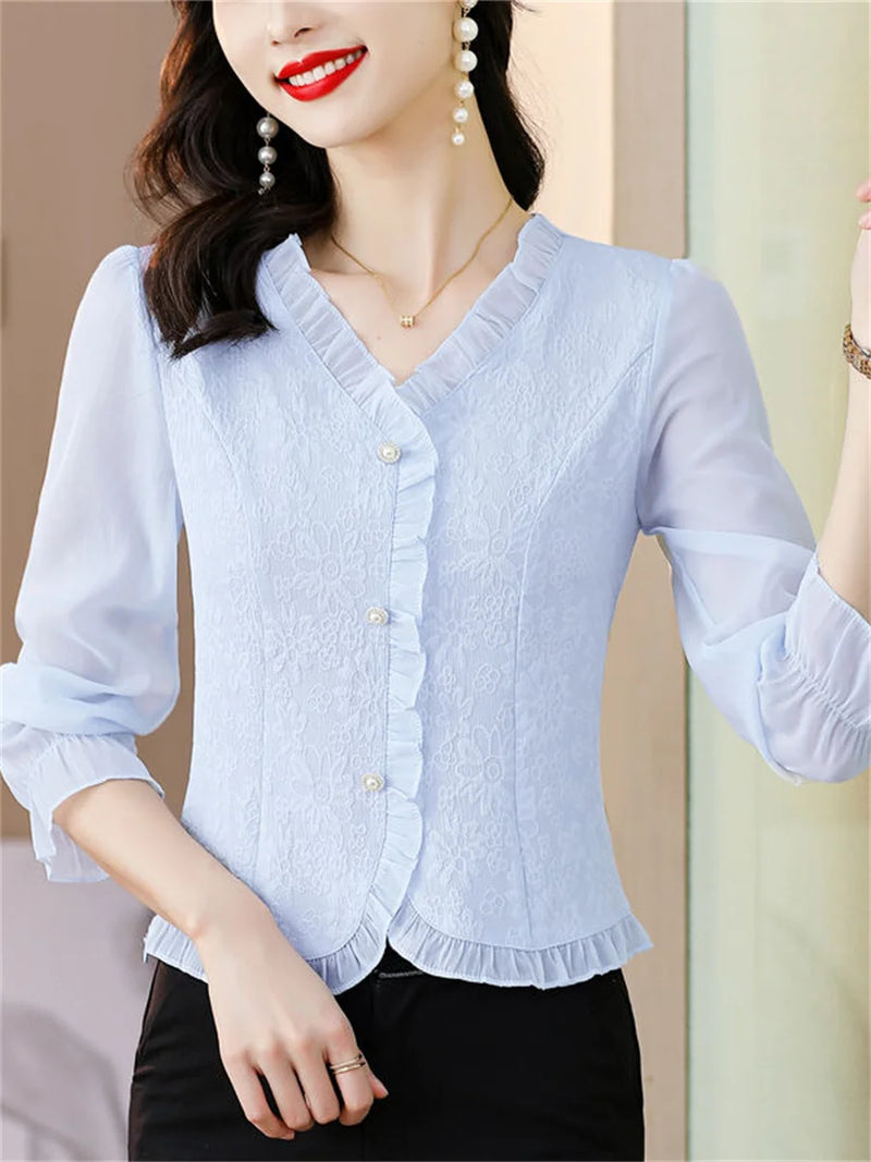 Woman Spring Autumn Style Blouses Shirts Lady Long Sleeve V-neck Color Blusas Tops Df4615