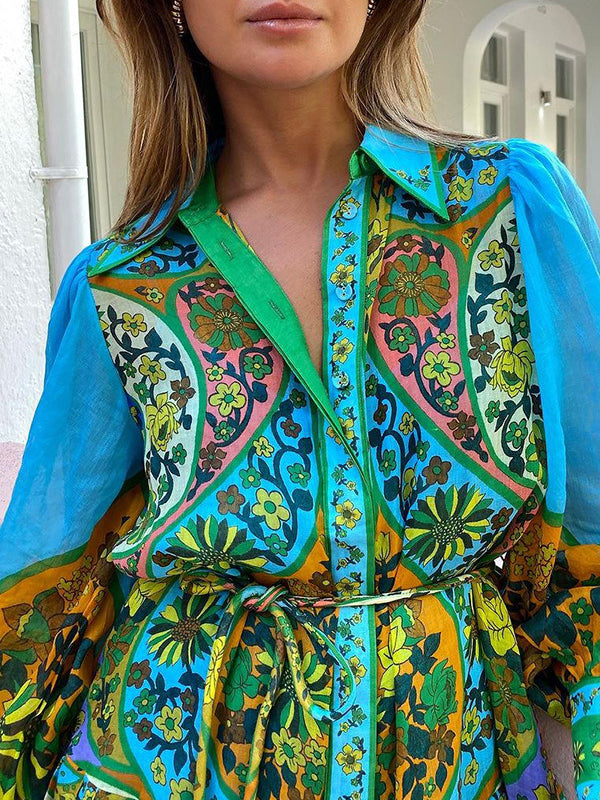 High Waisted Loose Puff Sleeves Belted Printed Lapel Midi Dresses
