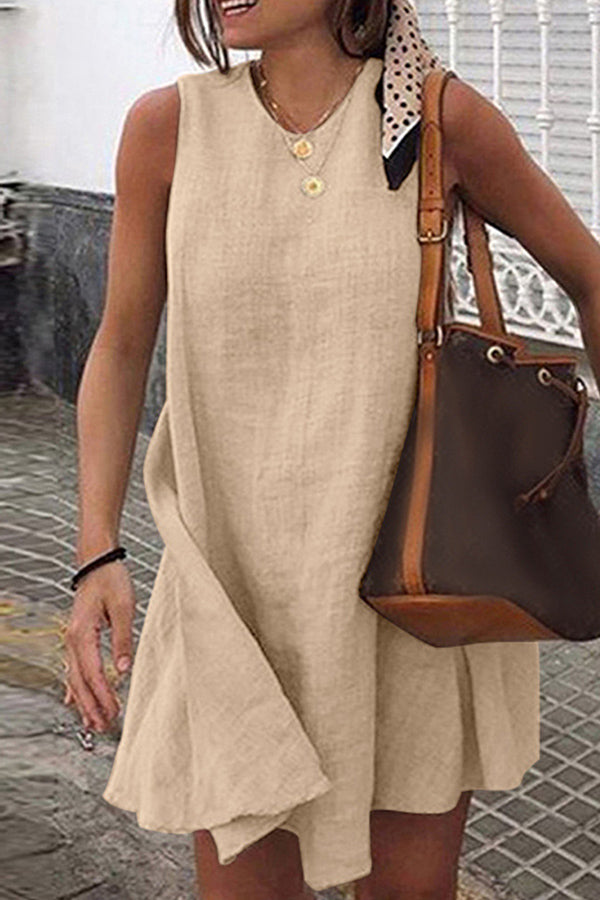 Round Neck Sleeveless Cotton Linen Mini Dress