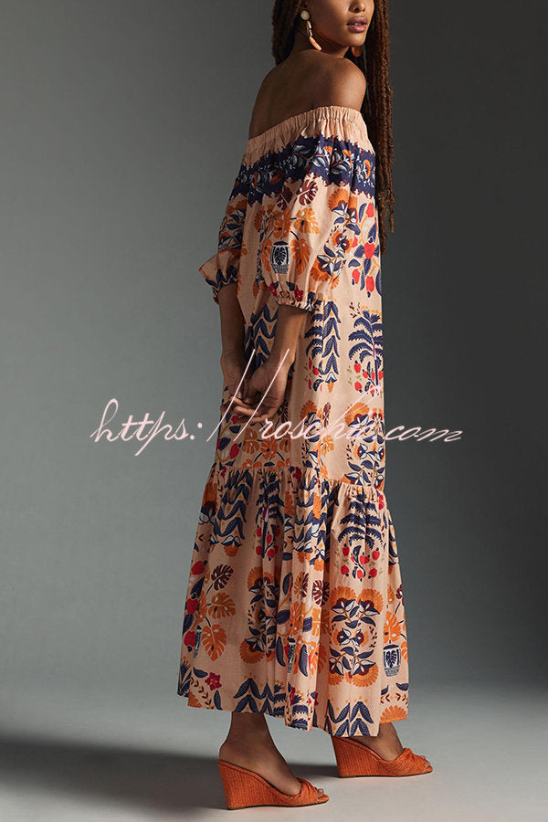 Island Lover Printed Off the Shoulder Pocketed Flowy Midi Dress