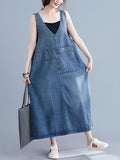 Loose Sleeveless Denim V-neck Midi Dress