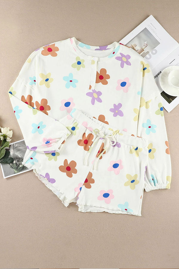 White Print Henley Top & Drawstring Shorts Loungewear Set