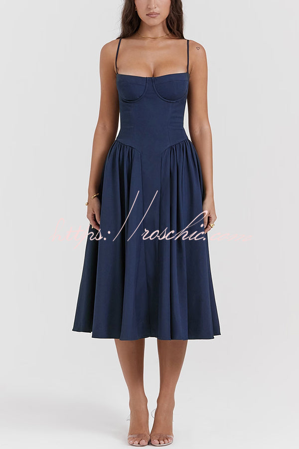 Color Slim Fit Suspender Pocket Midi Dress