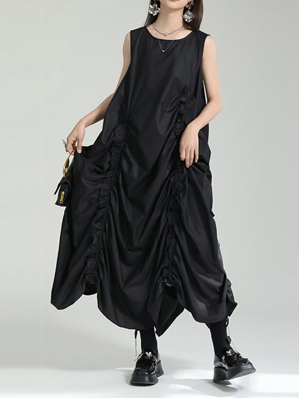 Irregular Clipping Loose Color Round-neck Midi Dresses