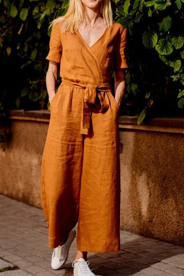 Short Sleeve Color Lace-up V Neck Soft Romper Jumpsuit