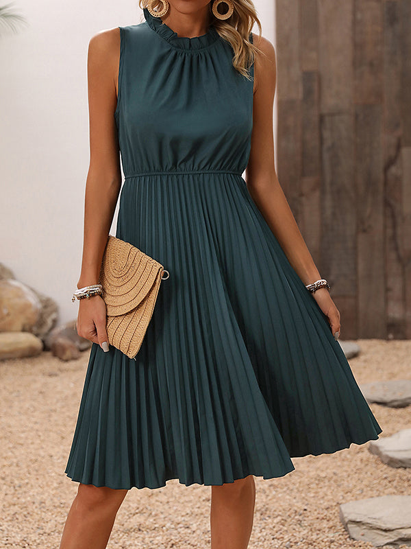 A-line Loose Elasticity Pleated Color Split-joint Mock Neck Midi Dresses