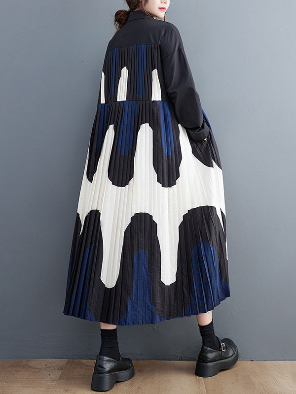 A-line Long Sleeves Contrast Color Pleated Printing Split-joint Polo Midi Dresses