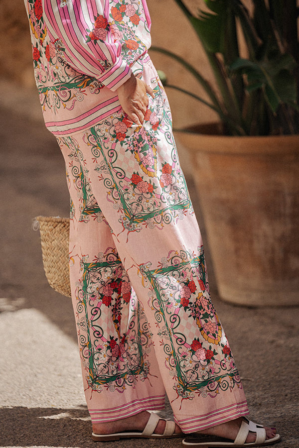 Charm Unique Print Loose Blouse and Elastic Waist Pocketed Pants Set