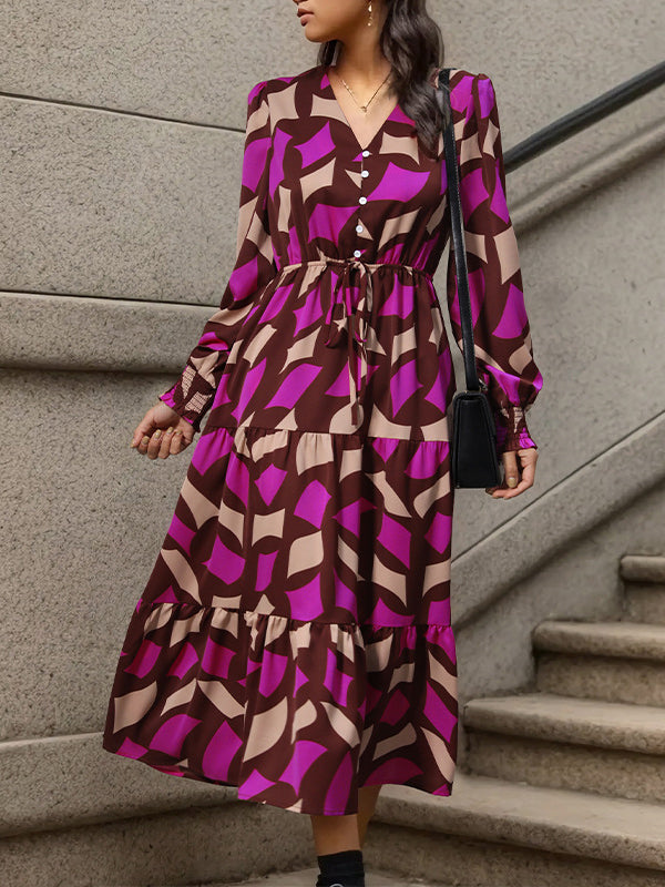 A-line Long Sleeves Buttoned Elasticity Pleated Printed Split-joint Tied Waist V-neck Midi Dresses