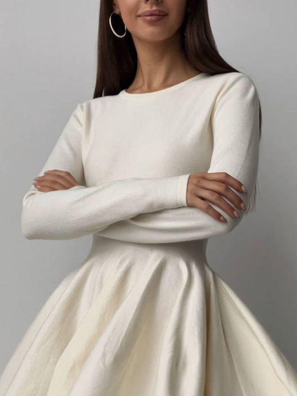 A-line High Waisted No Belt Pleated Color Round-neck Mini Dresses