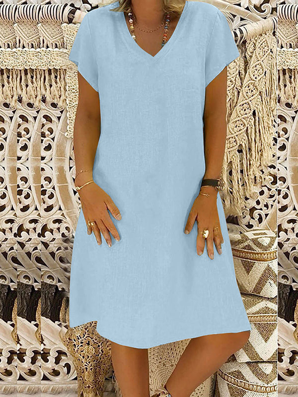 A-line Loose Color V-neck Midi Dresses