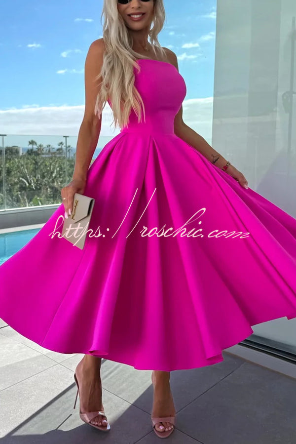 Sweet Cascade Color Off Shoulder Pocket Full Hem Midi Dress
