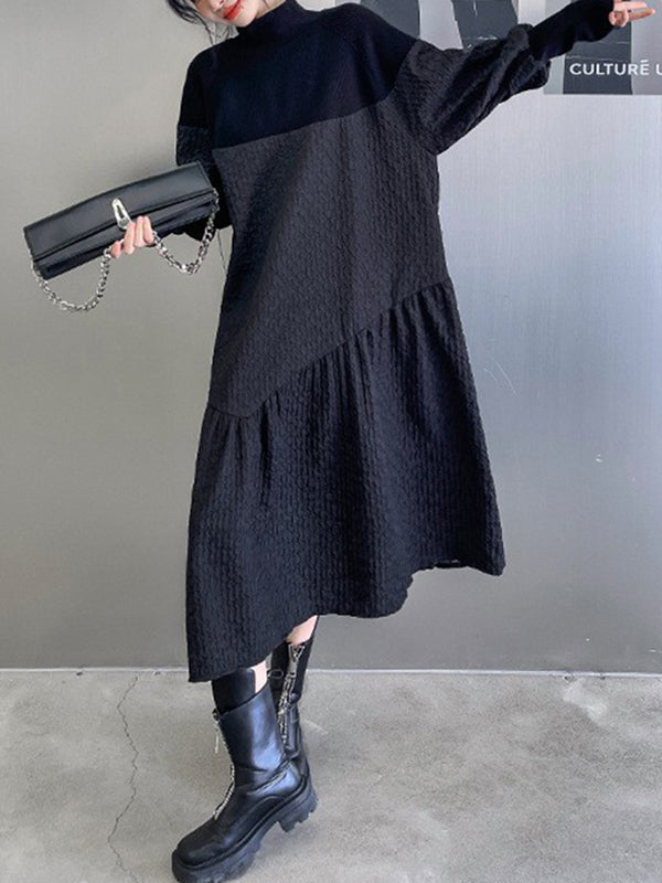 A-line Long Sleeves Asymmetric Color Split-joint High-neck Midi Dresses Sweater Dresses