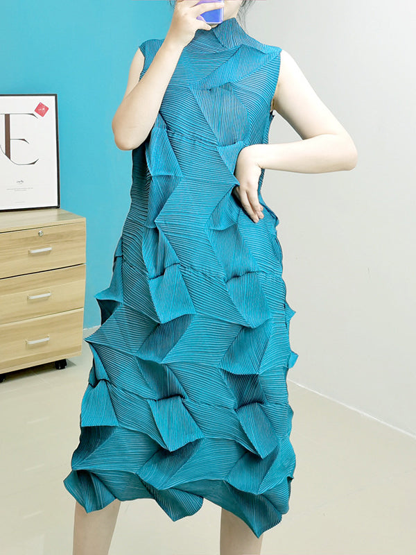 Sleeveless Irregularity Pleated Color Stand Collar Midi Dresses