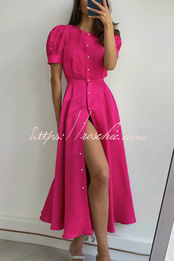 And Classy Vibe Puff Sleeve Pearl Button Slit Midi Dress