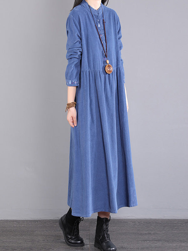 Corduroy Long Sleeves A-line Embroidered Round-neck Midi Dresses