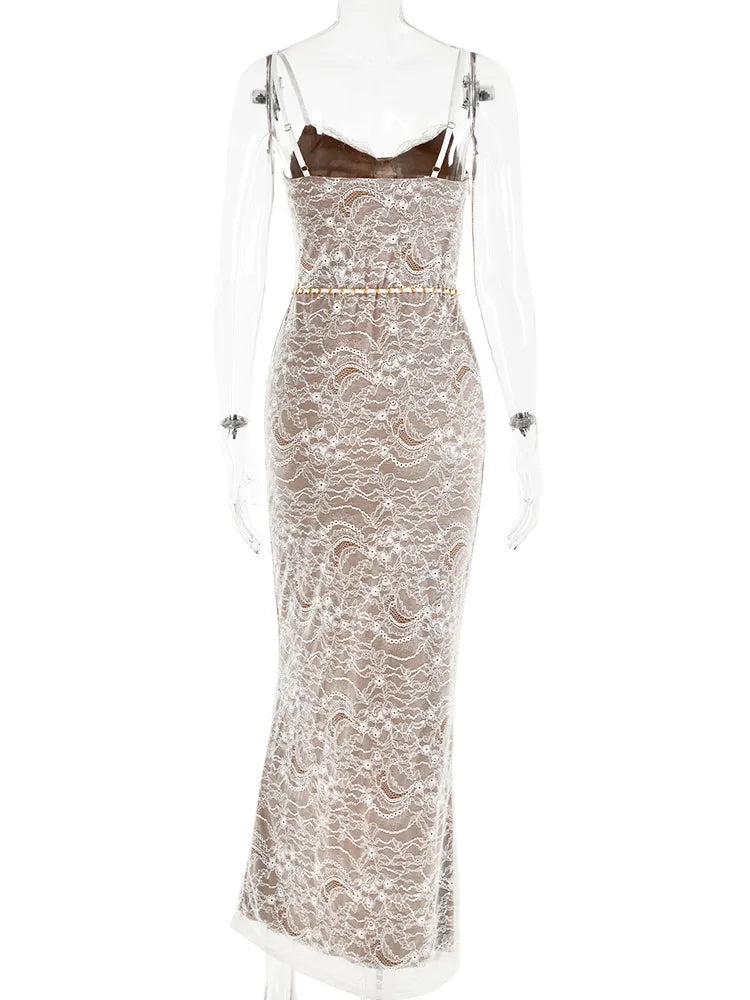 Lace Print Double Layer Dress for Bodycon Backless Metal Heart Pendant Maxi Dress Party Club Evening Dress