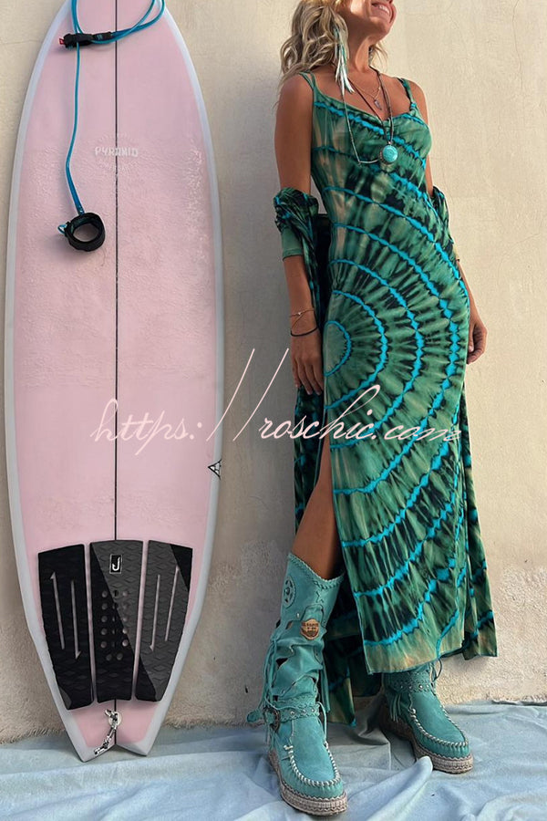 Tie-dye Print Cowl Neck Stretch Slit Midi Dress