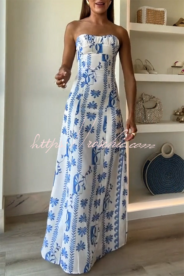 Freya Linen Blend Wave Print Ruched Bust Strapless Maxi Dress