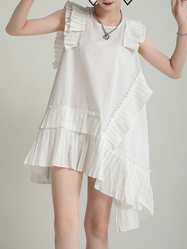 Flying Sleeves Loose Asymmetric Pleated Color Split-joint Round-neck Midi Dresses