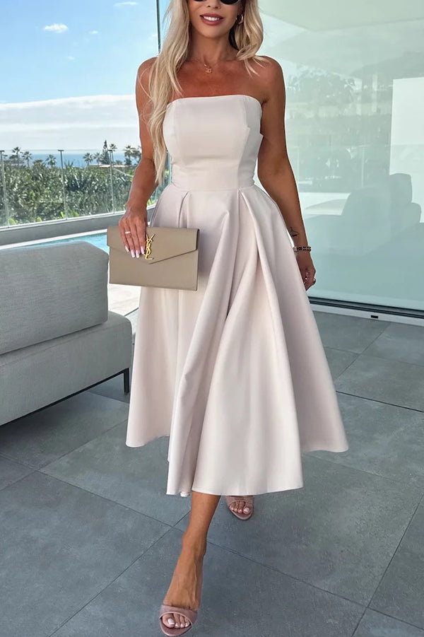Sweet Cascade Color Off Shoulder Pocket Full Hem Midi Dress