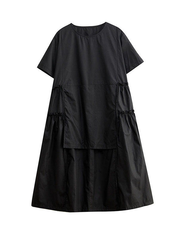 Loose Short Sleeves Color Split-joint Round-neck Midi Dresses