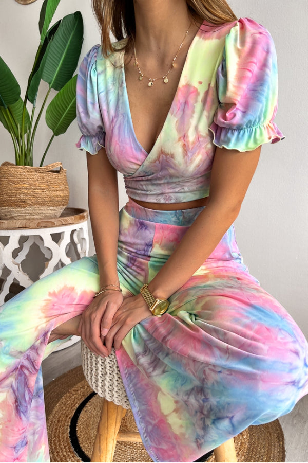 Print V Neck Short Sleeves Crop Top Elastic Waist Wide Leg Pants Set