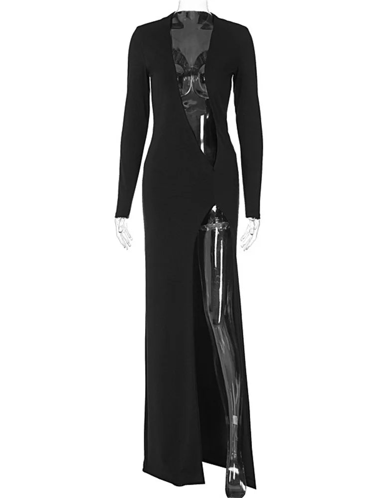 Black V-neck Hollow Out Maxi Dress ’s Slim High Split Long Sleeve Party Dress See-through Long Dress New