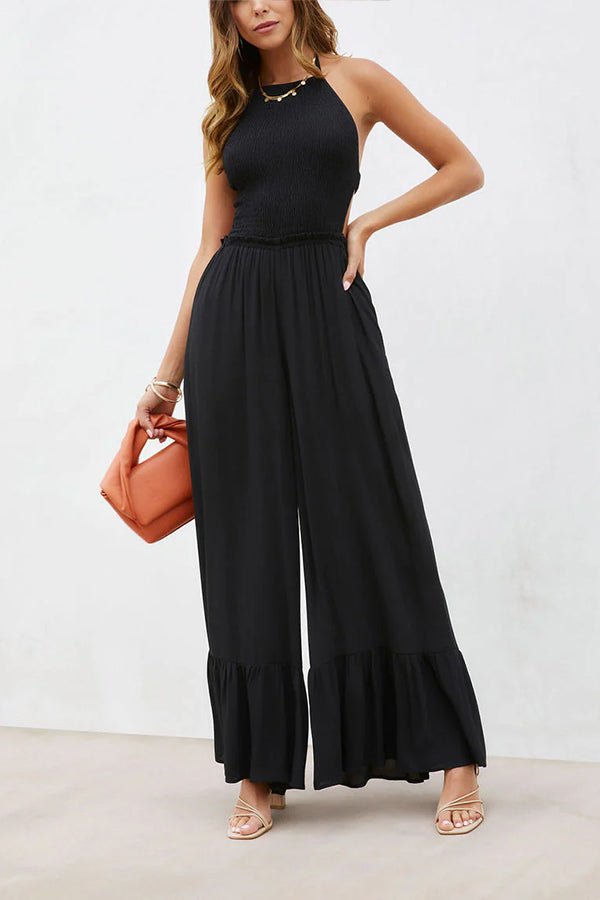 Color Halter Neck Open Back Flared Jumpsuit