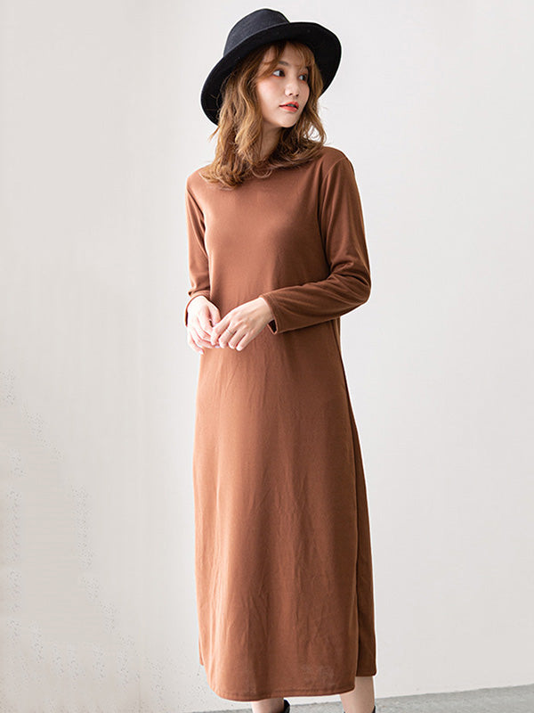 Simple Color Round-neck A-line Midi Dress