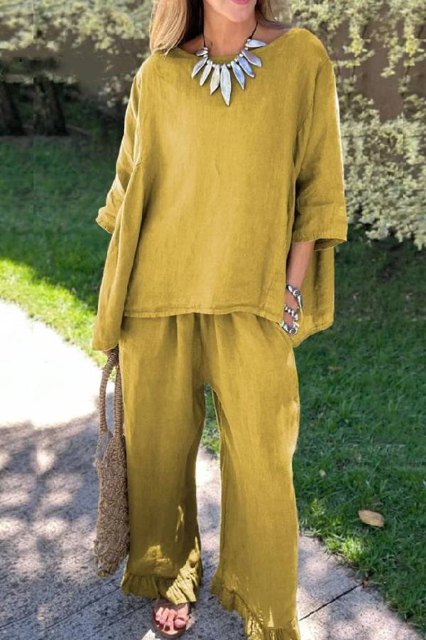Color Loose Top & Pants Cotton Linen Two-piece Set