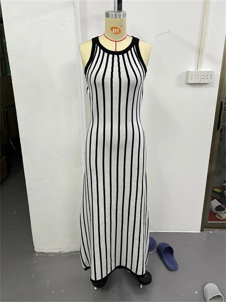 Zebra Printed Knit Long Dress ’s Sleeveless Contrast High Waist Autumn Party Dress Knitwear Clothes