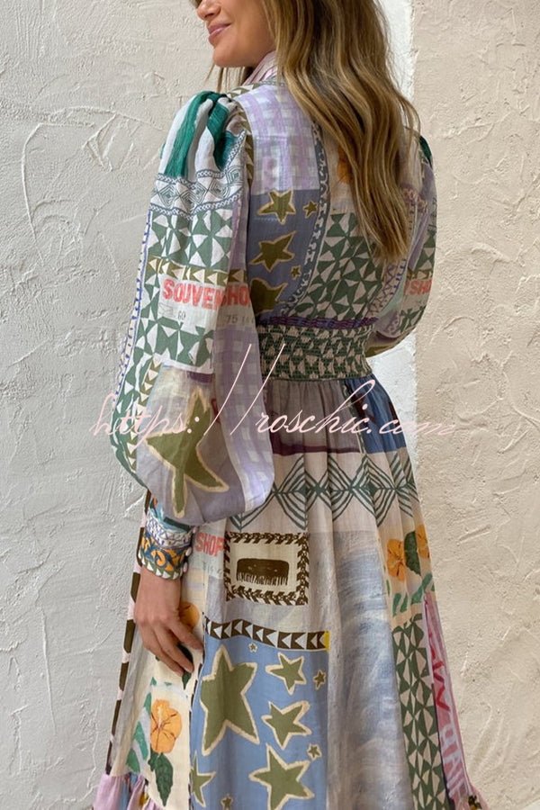 Playfully Unique Print Balloon Sleeve Smocked Waist Shirt Midi Dress