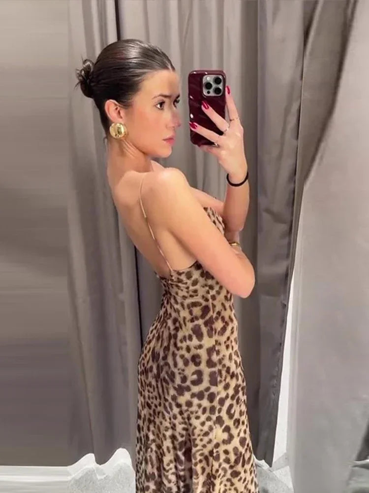 New Leopard Print Sling Maxi Dress for Summer Backless Sleeveless Slip Long Dress Female Party Vestidos