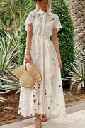 Dubai Style Crochet Lace Short Sleeve Tie-up Shirt Maxi Dress