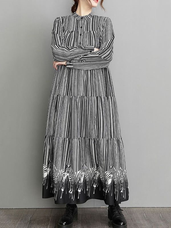 Loose Striped Buttoned Stand Collar Long Sleeves Midi Dress