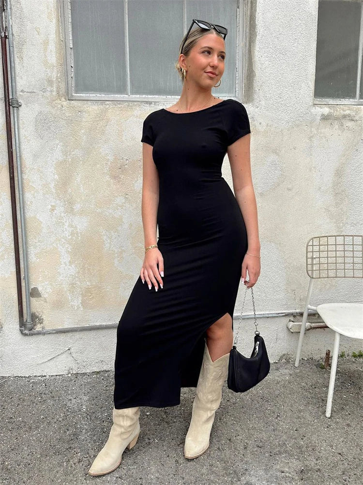 Backless Slin Female Dress Short Sleeve Side Split Basic Y2k Dress for Maxi Dress