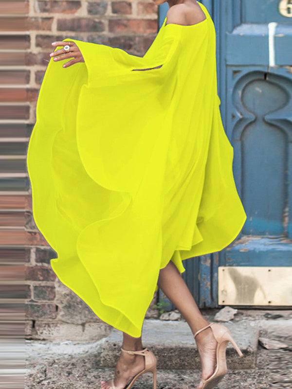 Batwing Sleeves Asymmetric Color Cold Shoulder Midi Dresses