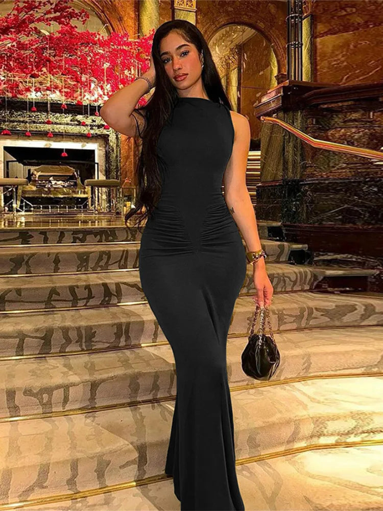 Sleeveless Bodycon Elastic Long Dress for Autumn New Vestidos Folded High Waist Party Evening Dress