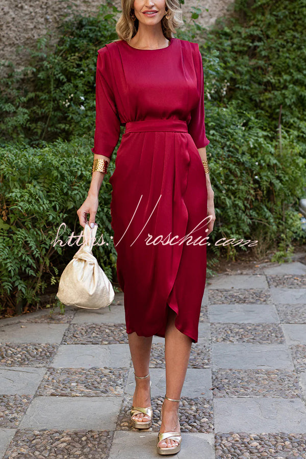 Satin Color Round Neck Half Sleeve Waist Midi Dress