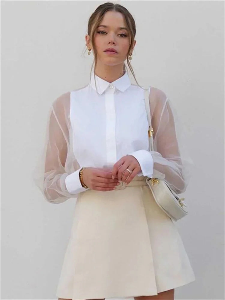 Mesh See-through Shirts Patchwork Sheer Lapel Crop Top Long Sleeve High Waist Female Blouse