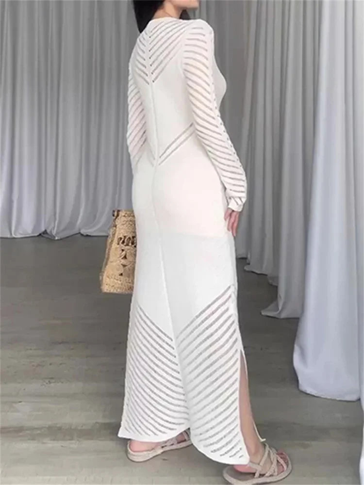 Autumn Black Knit Long Dress for See-through Sleeveless Patchwork Hollow Out Dress ’s Knitwear Dress